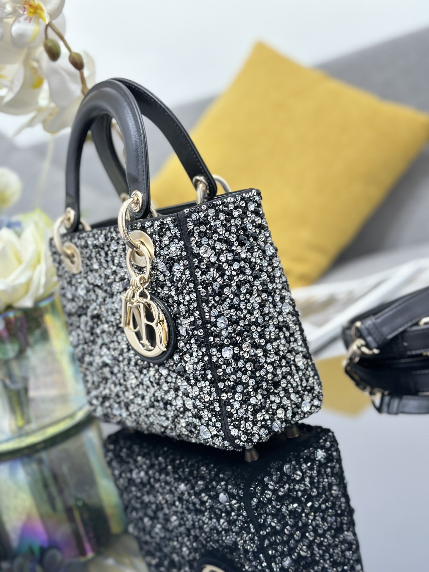 Small Lady Dior Bag Black Satin Embroidered with Bead Diamond